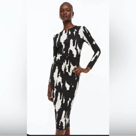 H&M Black White Abstract Print Ruched Midi Dress Long Sleeve Small - Picture 1 of 5